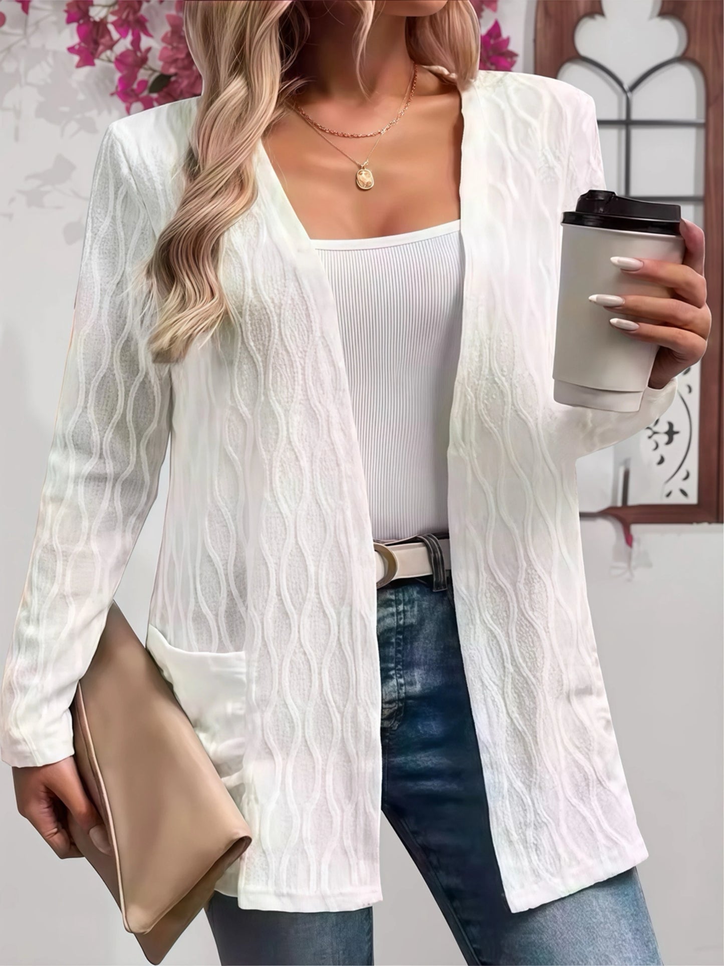 Plus Size Autumn Casual Cardigan - Cozy Textured Fabric Open Front Sweater with Pockets