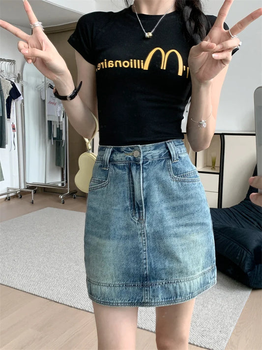 Y2K 2025 Summer Women's Jeans Skirt - Light Blue High Waist Denim Bodycon Mini Skirt with Lining Clubwear 2497