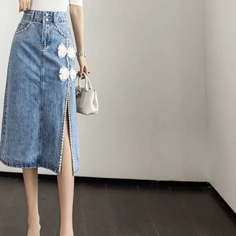 Woman Denim Skirt with Slit Midi Bow High Waist Jeans Skirts for Women Y2k Vintage Clothing Sales New in Luxury Elegant Chic
