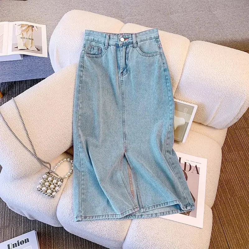 Wrap Women's Denim Skirt Blue Tight Female Jeans Skirts with Slit Luxury Elegant Stylish Premium Summer 2025 Modest Vintage Chic