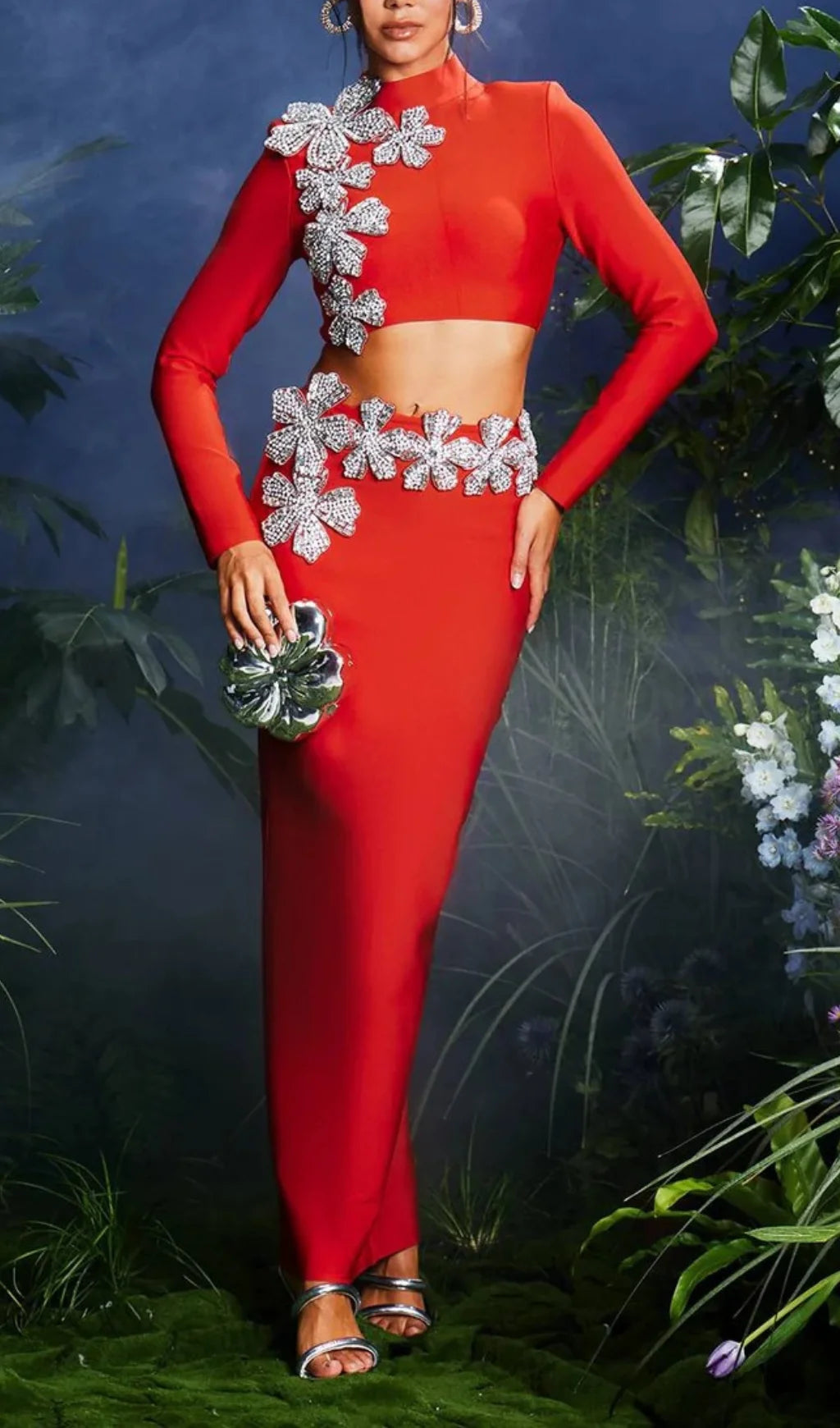 Ulama Choker Long Sleeve Diamond Flowers Bandage Maxi Two-Piece Set