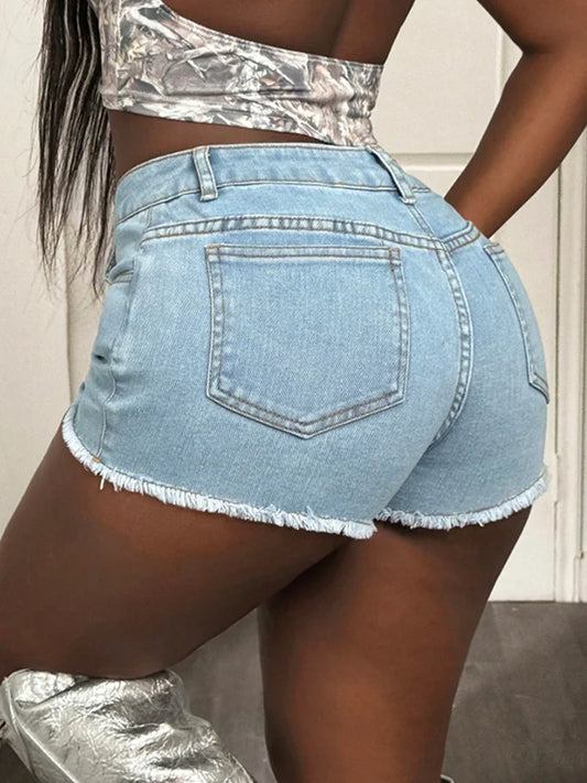 Benuynffy Streetwear Retro Raw Hem Denim Shorts Women's Fashion 2025 Summer New Y2K Mid Waist Sexy Club Skinny Jean Hot Pants