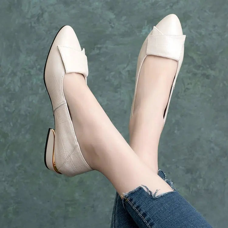 2025 New Summer Women's Flat Shoes Soft Leather Work Shoes Pointed Thick Heel Casual Womens Shoe Handmade Footwear Buty Damskie