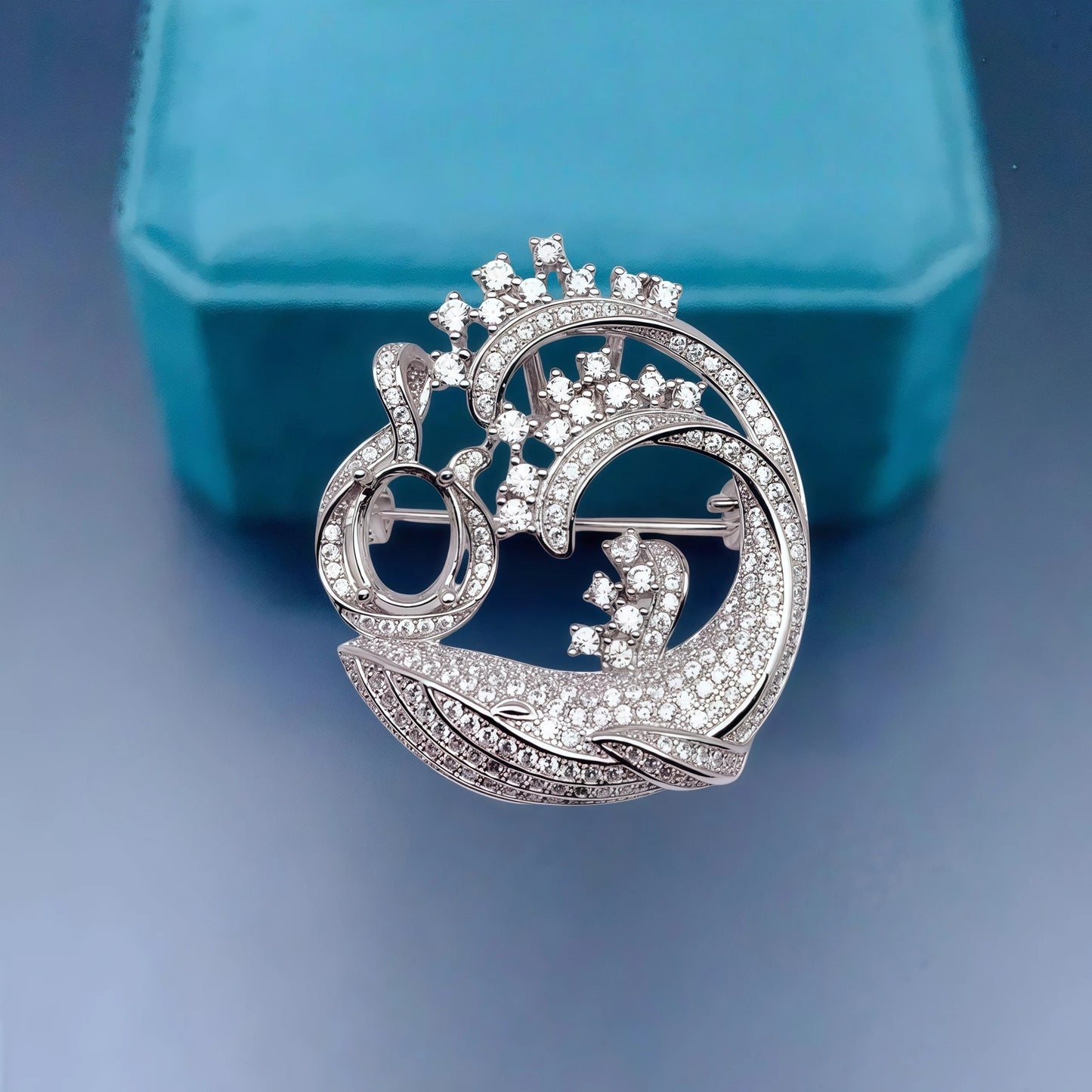 L S925 Sterling Silver Brooch Setting 7*9mm Ellipse Stone DIY Empty Holder Fine Charm Jewelry Luxury Dolphin Design for Woman