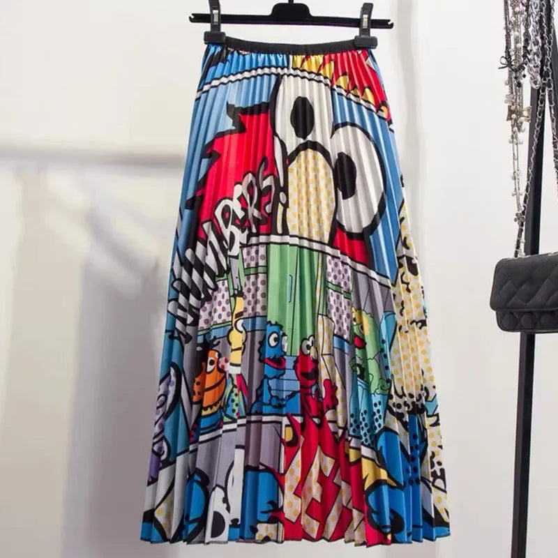 Cartoon Print Pleated Women Long Skirts High Waist A-Line Elastic Blue Pink Skirt For Ladies Summer Casual Female Bottoms Skirts