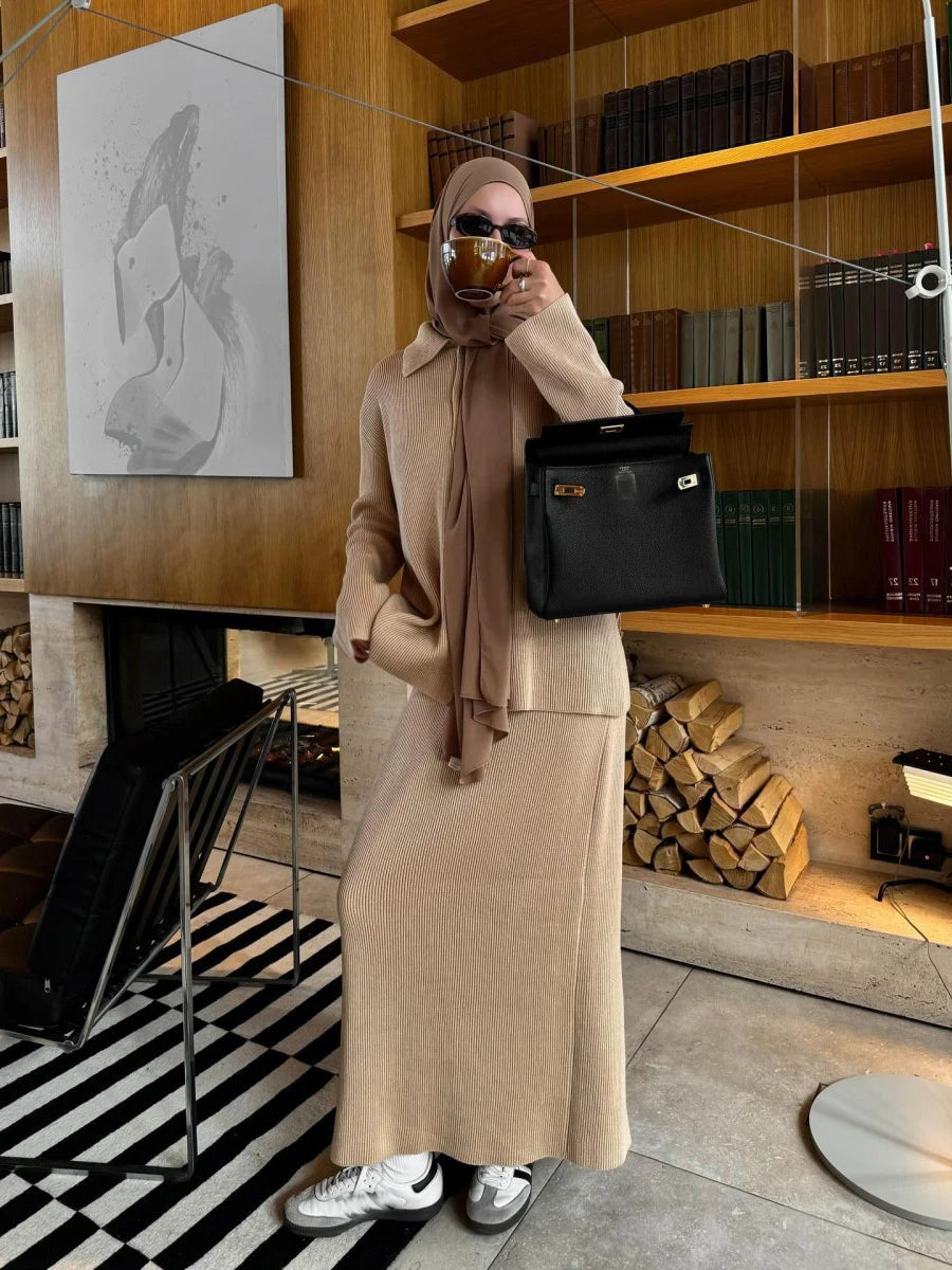 Women Knitted Outfits Casual Long Sleeve Lapel Sweater Cardigan+Loose Maxi Skirt Outfits 2025 Autumn Winter Two Piece Set