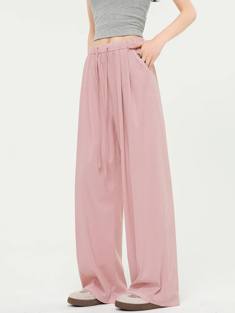 Summer Thin Lyocell Jeans Women Elastic Waist Ice Silk Wide Leg Denim Pants Pink Baggy Jeans For Women Summer Loose Trousers