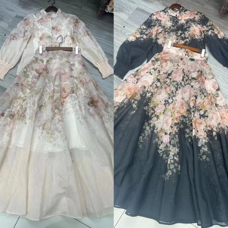 Women Flower Printed Dress Sets Long Sleeve Button Shirts+Pleated Zippers Skirts Two Pieces Suits Summer Lady Casual Outfits