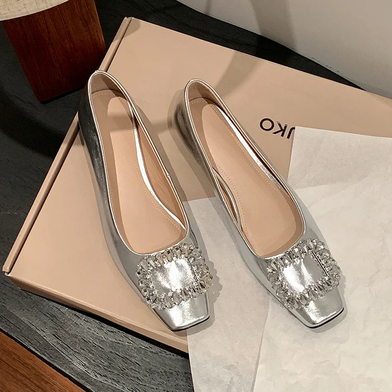 Drestrive 2025 Elegant Women's Pumps Cow Leather Crystal Knot Square Toe Thick Low Heels Handmade Summer Shoes