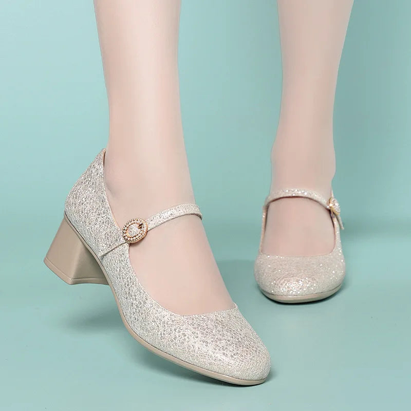 5cm Breathable Comfortable Shallow Glod Bling Wedding Shoes Women Pumps 2025 Trend Spring Med Block Heels Shoes for Office Model