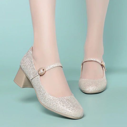 5cm Breathable Comfortable Shallow Glod Bling Wedding Shoes Women Pumps 2025 Trend Spring Med Block Heels Shoes for Office Model