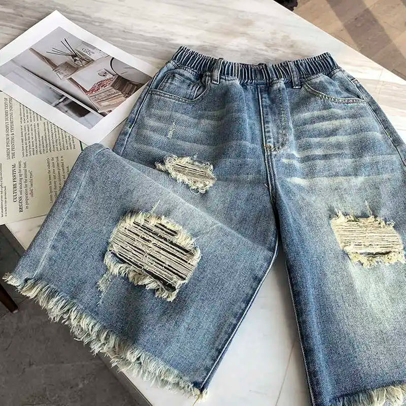High Waist Plus Size Women's Ripped Shorts Summer Loose Solid Color Wideleg Pants Street Style Simple All Match Jeans