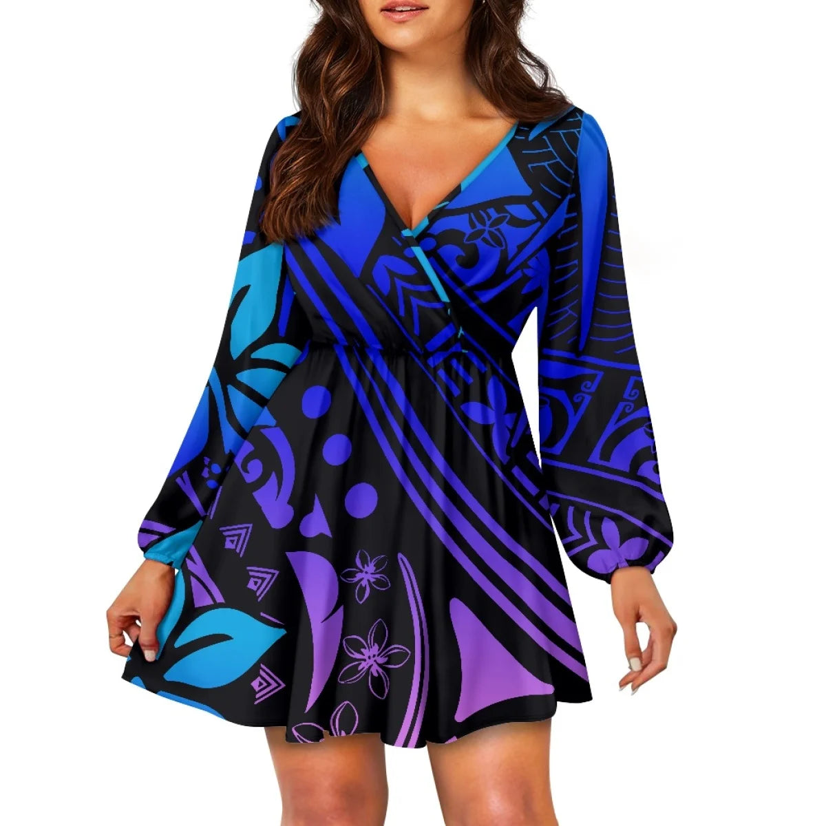 Teal Polynesian Tribal Design V Neck Dress Samoa Puletasi Plus Size Women's V Neck Dress Custom Island Style