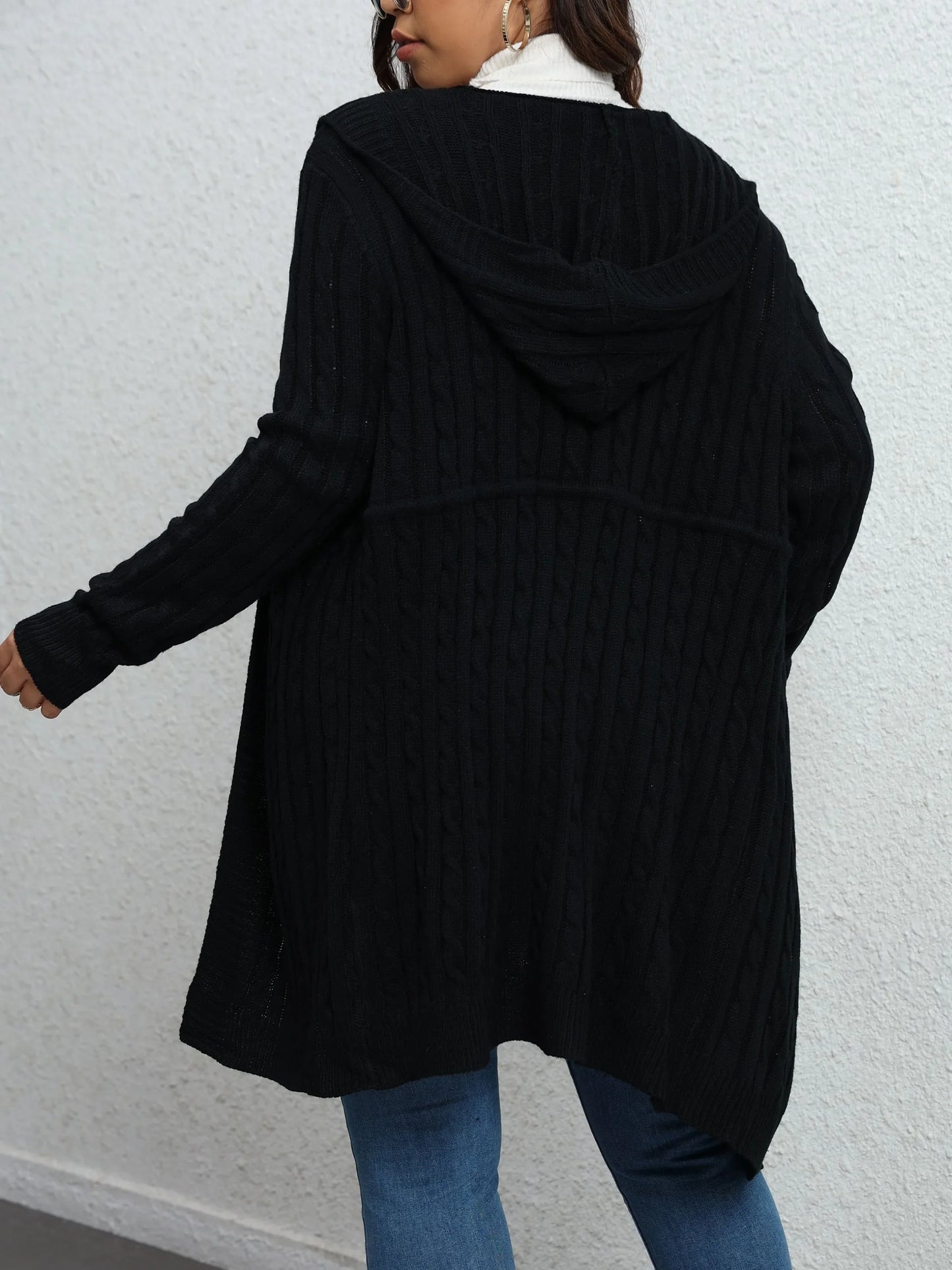 Women's Plus Size 1XL-5XL Versatile Solid Color Casual Loose Cardigan Fashionable Drawstring Knit Hooded Cardigan
