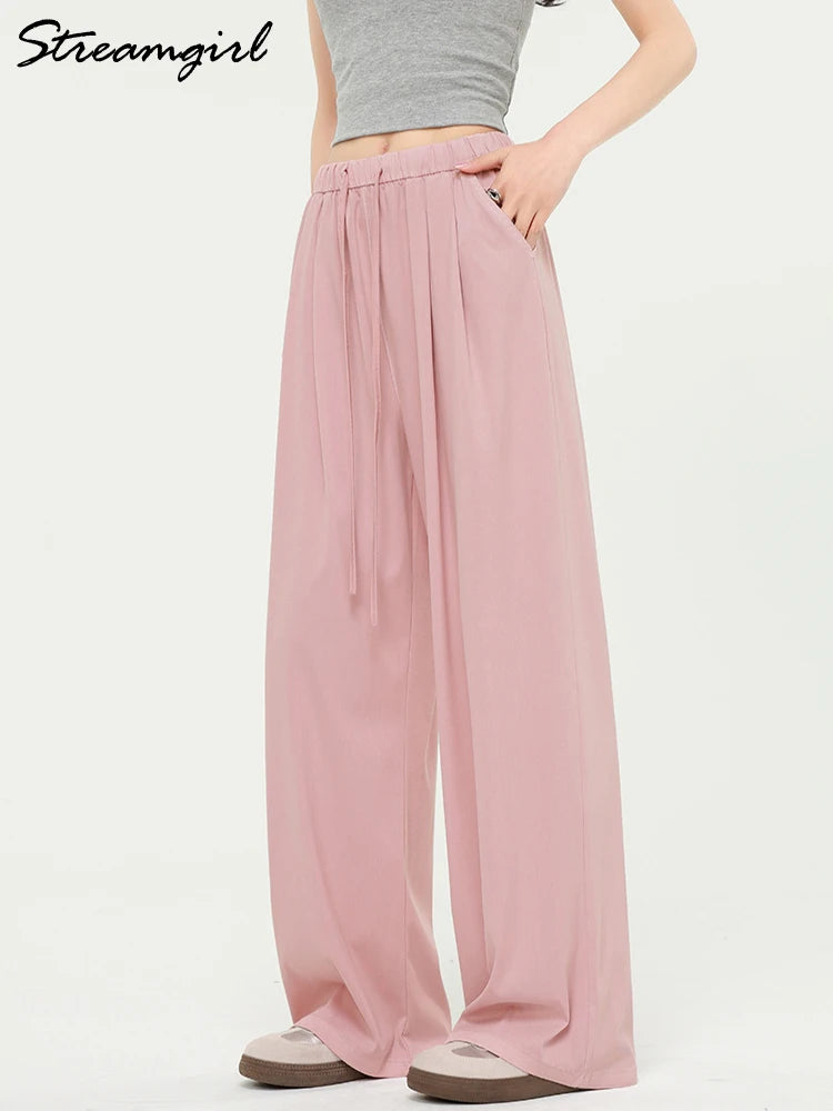Summer Thin Lyocell Jeans Women Elastic Waist Ice Silk Wide Leg Denim Pants Pink Baggy Jeans For Women Summer Loose Trousers