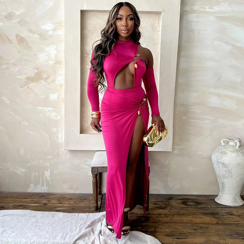 CUTENOVA 2024 Autumn New Single Shoulder Half High Neck Long Sleeve Sexy Hollow Out Bodysuit + High Split Long Dress Set Elegant