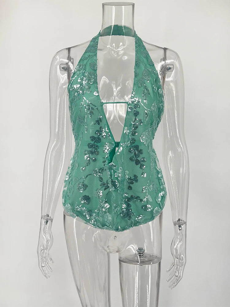 Trendix Sexy Deep V Neck Beach Tank Top Hot Girls 2025 Summer Sequins Patchwork Sleeveless Vest Women Vacation Sexy Backless Top