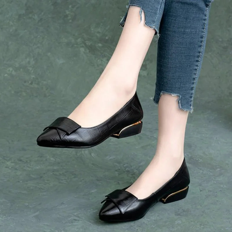 2025 New Summer Women's Flat Shoes Soft Leather Work Shoes Pointed Thick Heel Casual Womens Shoe Handmade Footwear Buty Damskie
