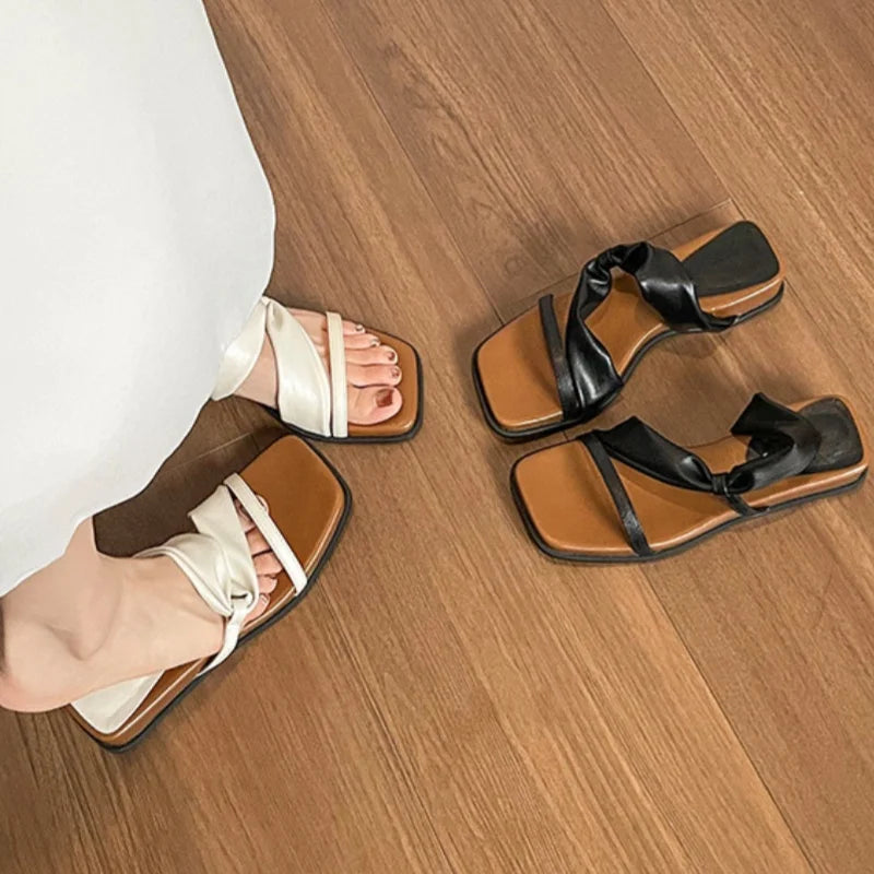 Summer Cool Breathable Women's Slippers Square Toe Slip-on Lightweight Female Flat Shoes High Quality Non-Slip Ladies Sandals