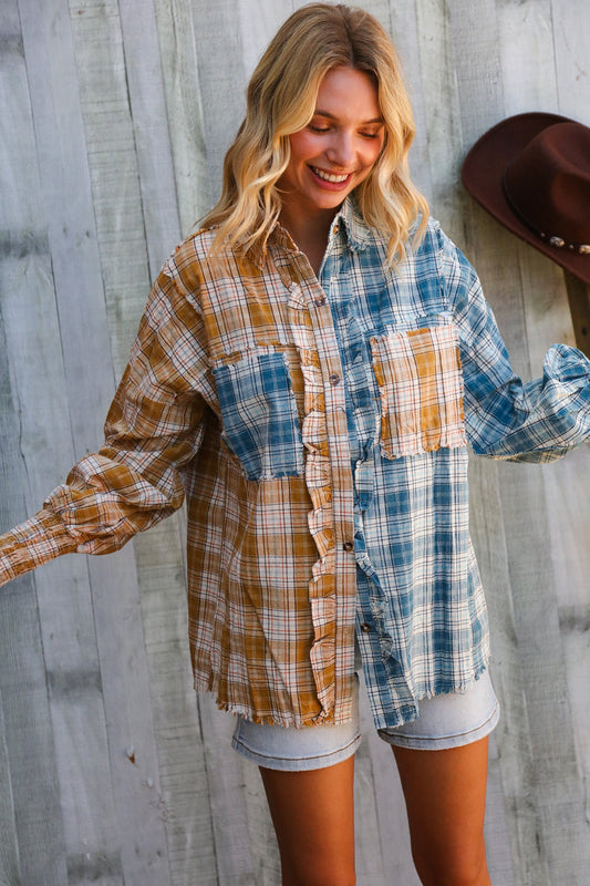 Adorable You Turquoise Plaid Smocked Sleeve Frill Detail Top