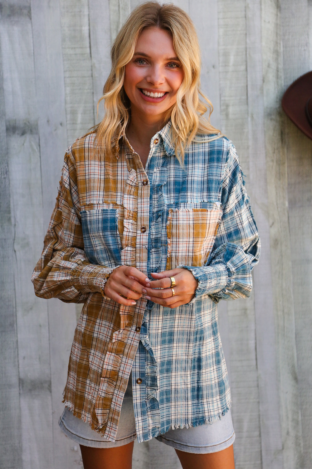 Adorable You Turquoise Plaid Smocked Sleeve Frill Detail Top