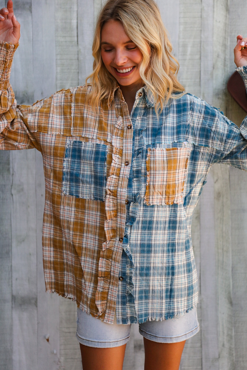 Adorable You Turquoise Plaid Smocked Sleeve Frill Detail Top