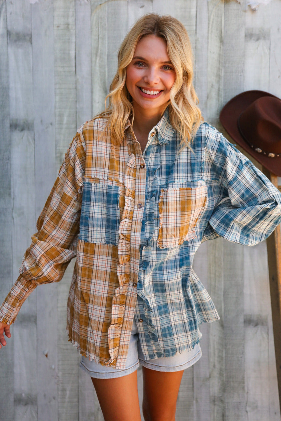 Adorable You Turquoise Plaid Smocked Sleeve Frill Detail Top