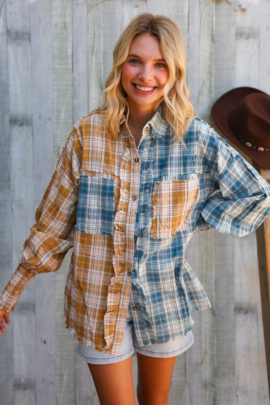 Adorable You Turquoise Plaid Smocked Sleeve Frill Detail Top