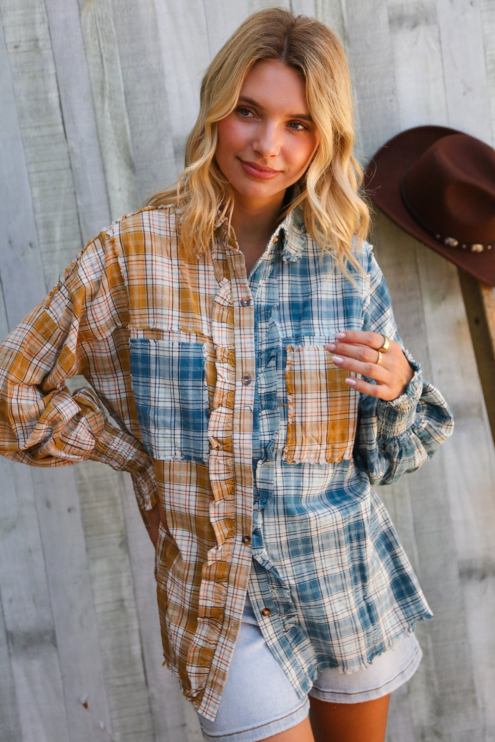 Adorable You Turquoise Plaid Smocked Sleeve Frill Detail Top