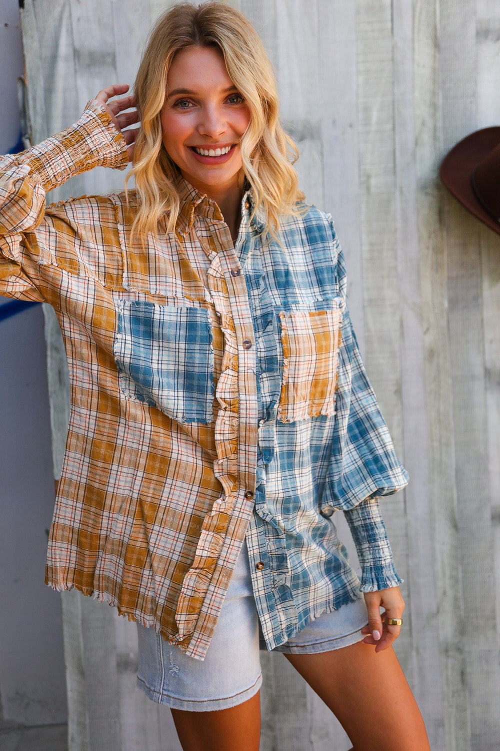Adorable You Turquoise Plaid Smocked Sleeve Frill Detail Top