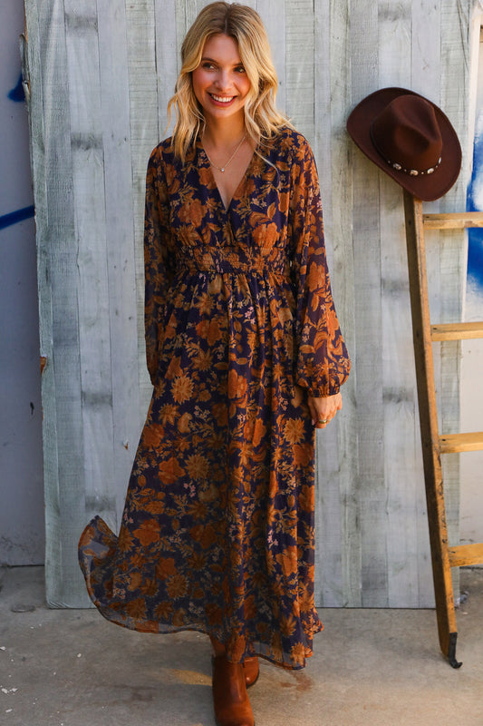 Stunning In Chiffon Floral Smocked Ruffle Sleeve Lined Midi Dress