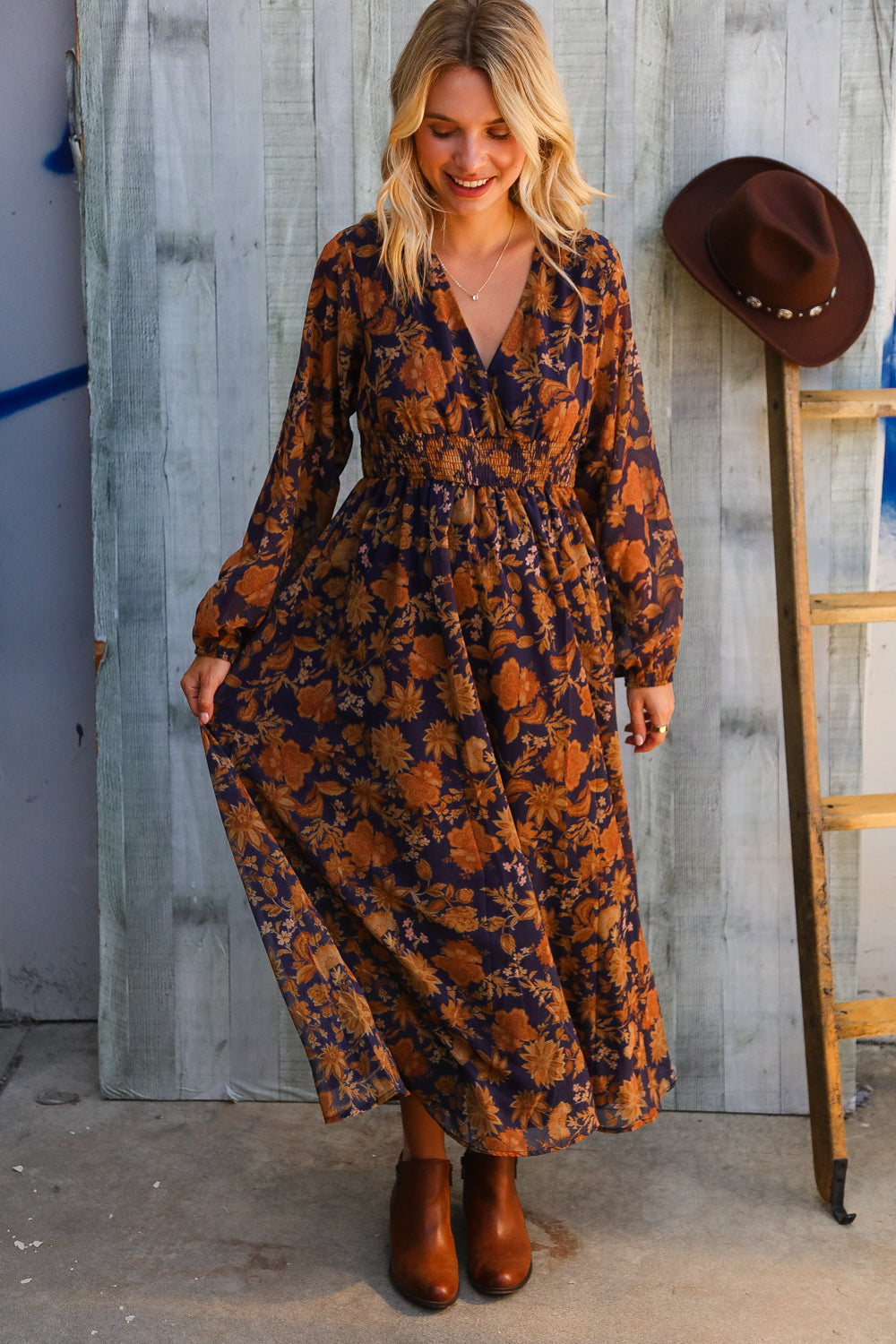 Stunning In Chiffon Floral Smocked Ruffle Sleeve Lined Midi Dress