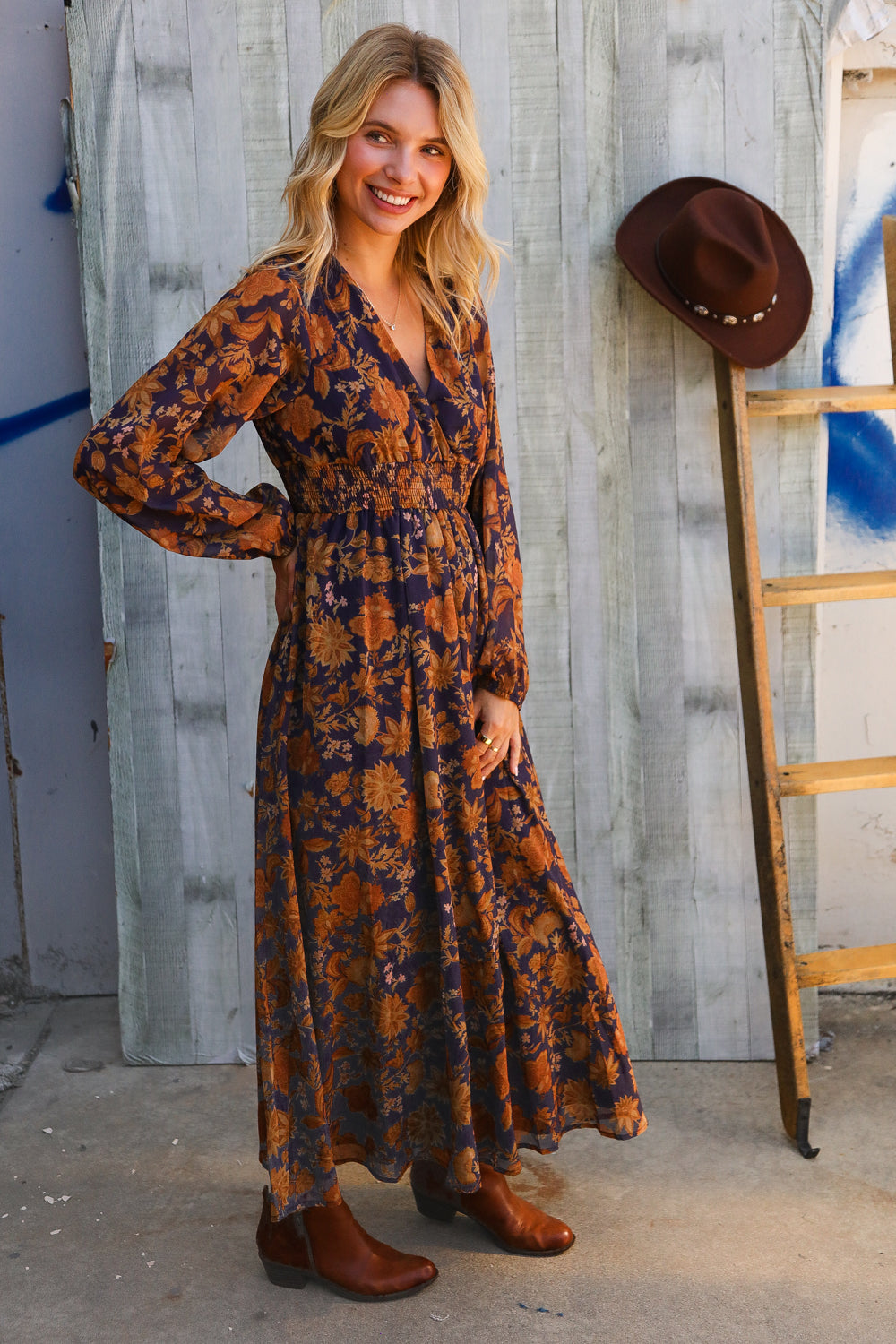 Stunning In Chiffon Floral Smocked Ruffle Sleeve Lined Midi Dress