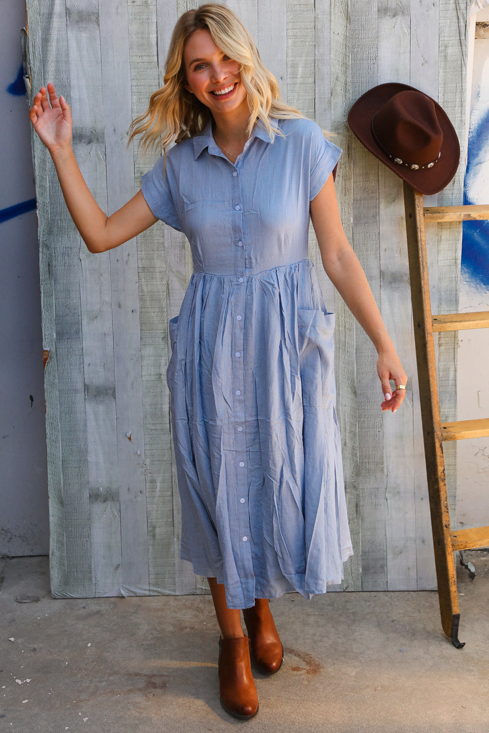Everyday Chic Denim Blue Button-Down Collared Swing Dress