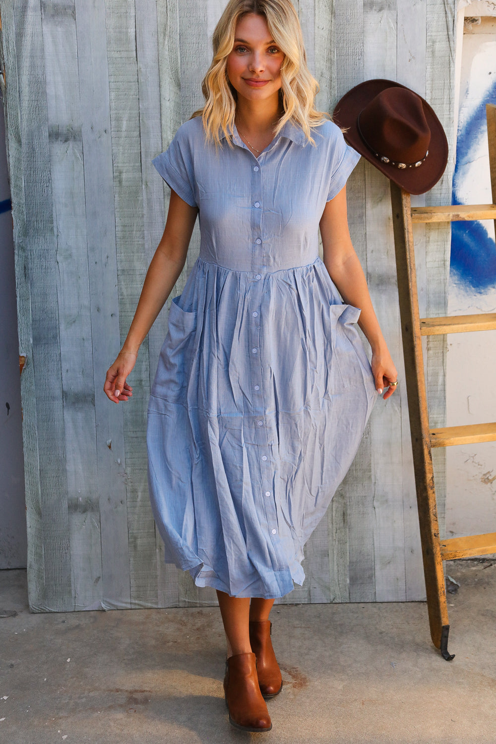 Everyday Chic Denim Blue Button-Down Collared Swing Dress
