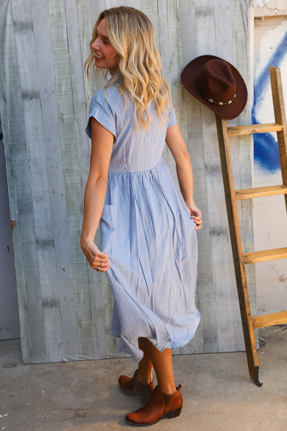 Everyday Chic Denim Blue Button-Down Collared Swing Dress