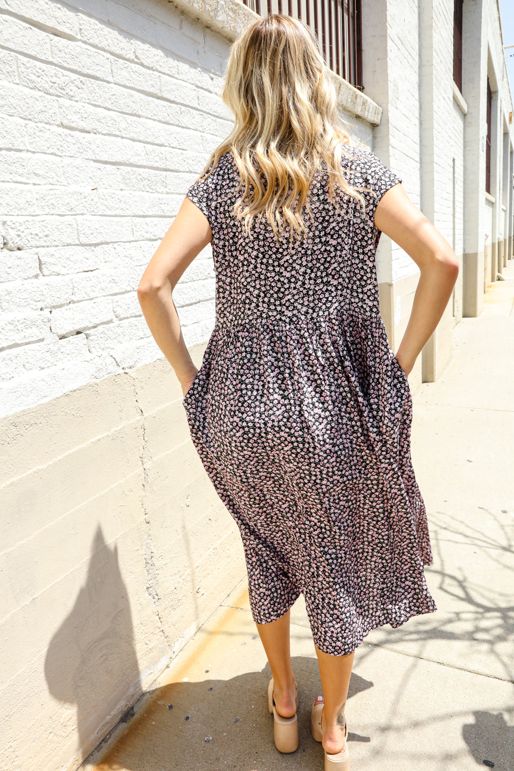 Boho Vibes Charcoal Ditzy Floral Button-Down Short Sleeve Dress