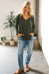 Casual Living Moss Green Henley Cuff Sleeve Side Slit Pullover