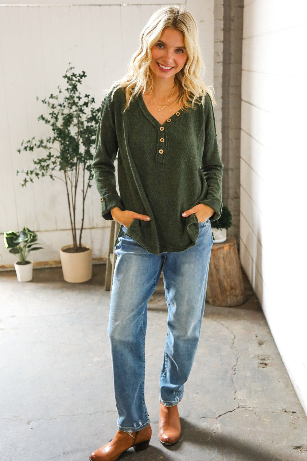 Casual Living Moss Green Henley Cuff Sleeve Side Slit Pullover
