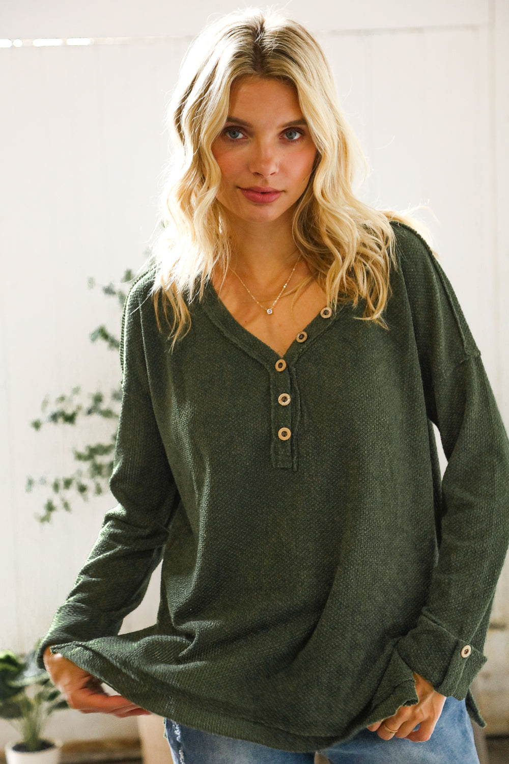 Casual Living Moss Green Henley Cuff Sleeve Side Slit Pullover