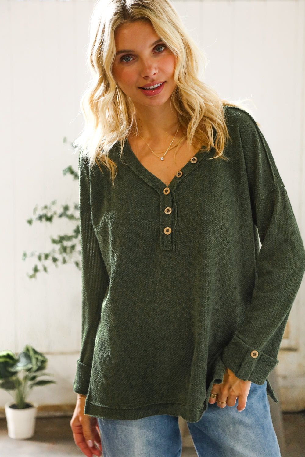 Casual Living Moss Green Henley Cuff Sleeve Side Slit Pullover
