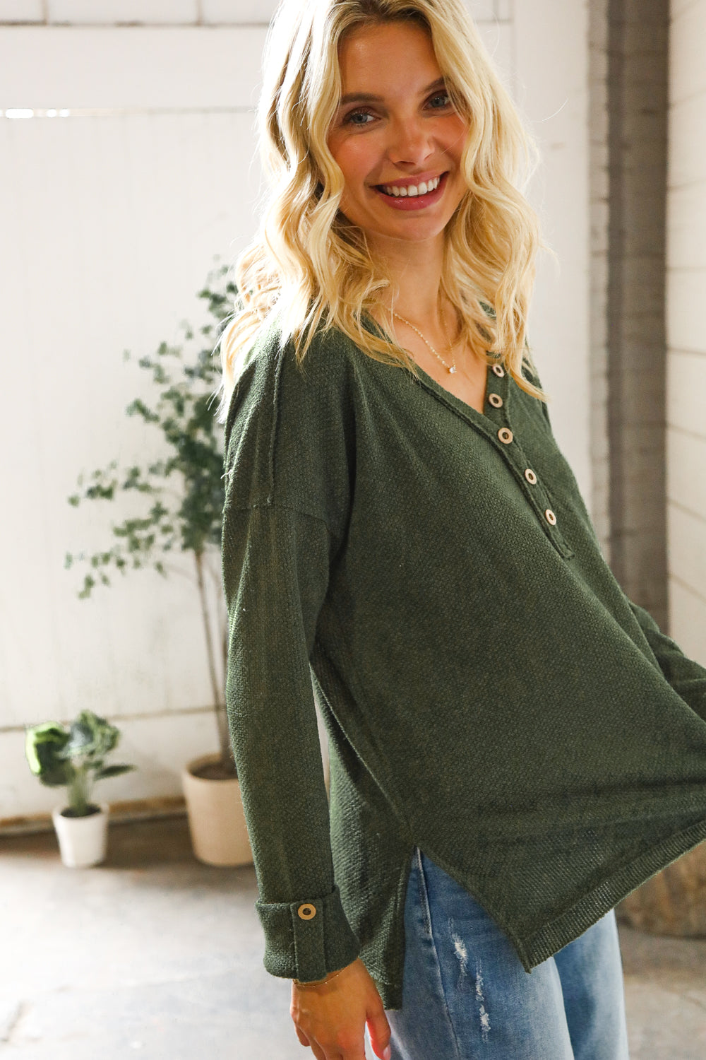 Casual Living Moss Green Henley Cuff Sleeve Side Slit Pullover