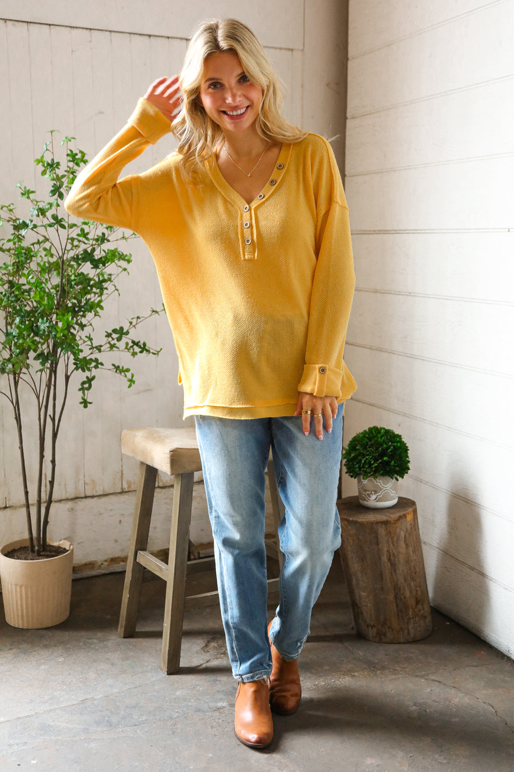 Casual Living Sunflower Henley Cuff Sleeve Side Slit Pullover