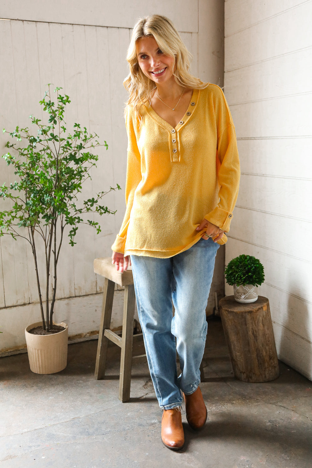 Casual Living Sunflower Henley Cuff Sleeve Side Slit Pullover