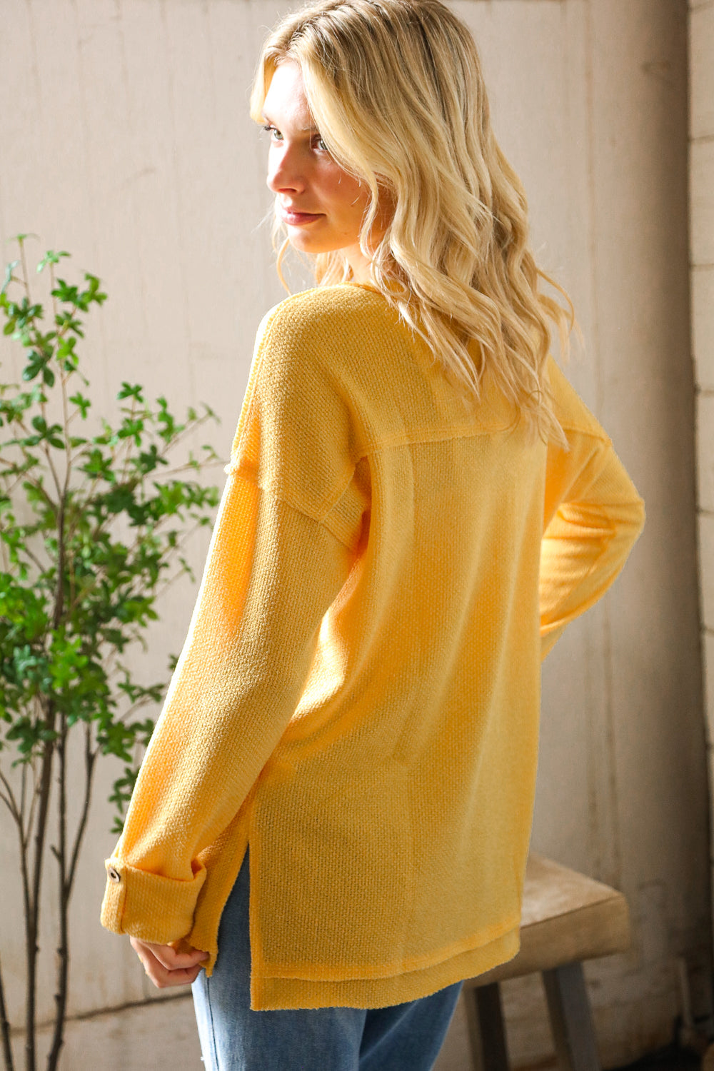 Casual Living Sunflower Henley Cuff Sleeve Side Slit Pullover