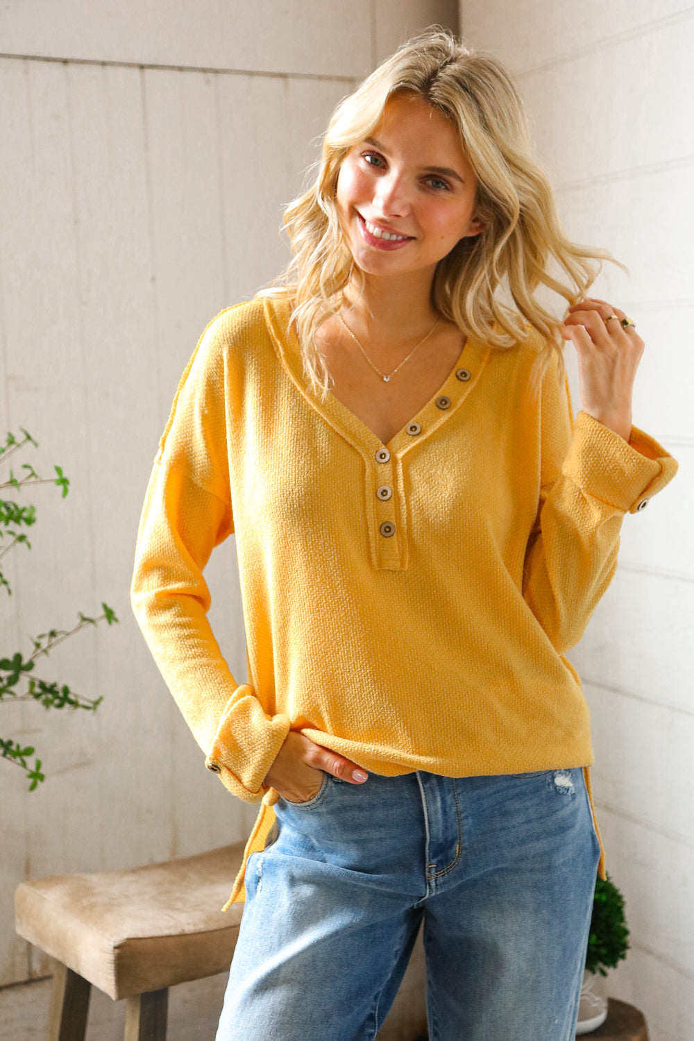 Casual Living Sunflower Henley Cuff Sleeve Side Slit Pullover