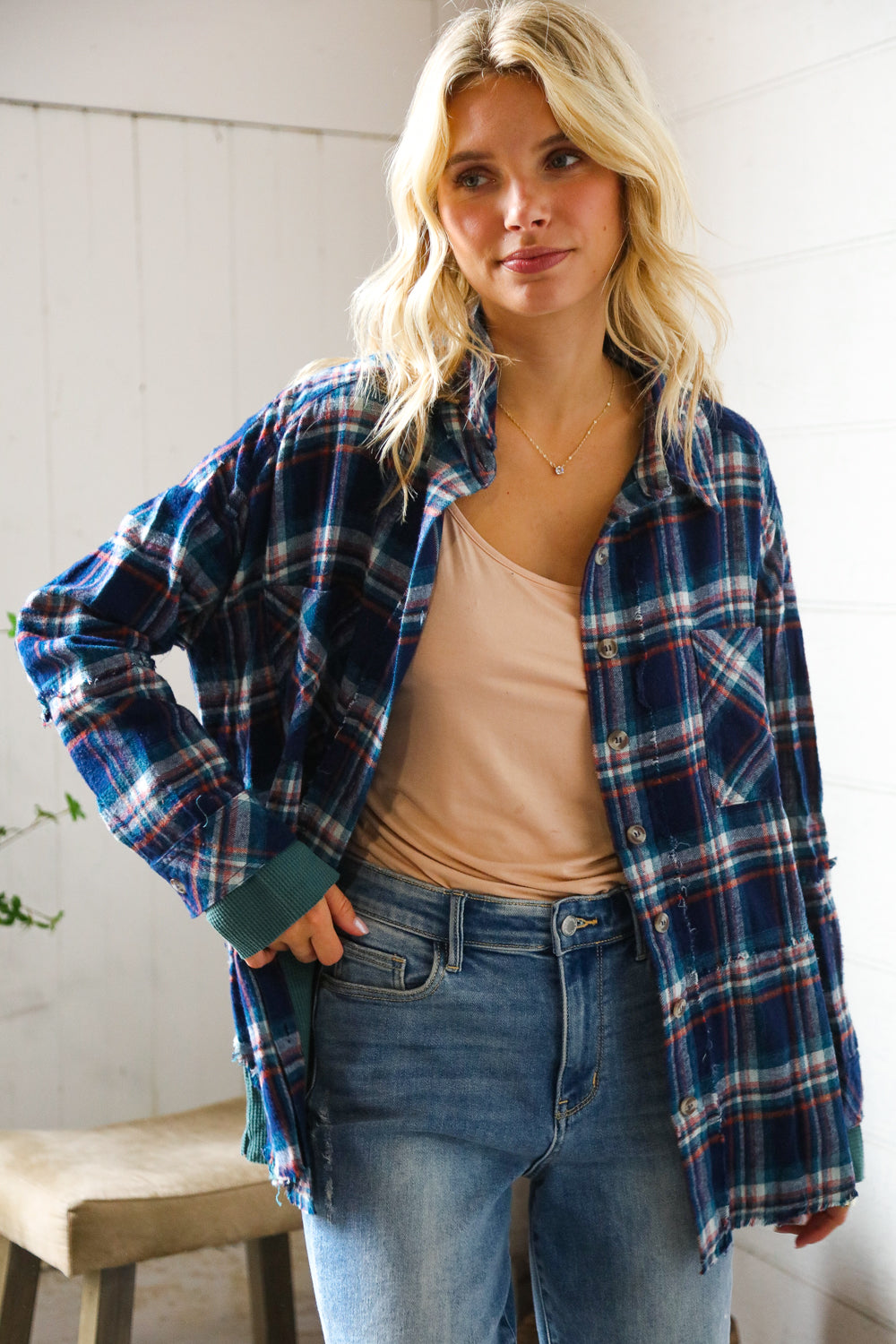 Cooler Days Navy Cotton Flannel with Thermal Trim