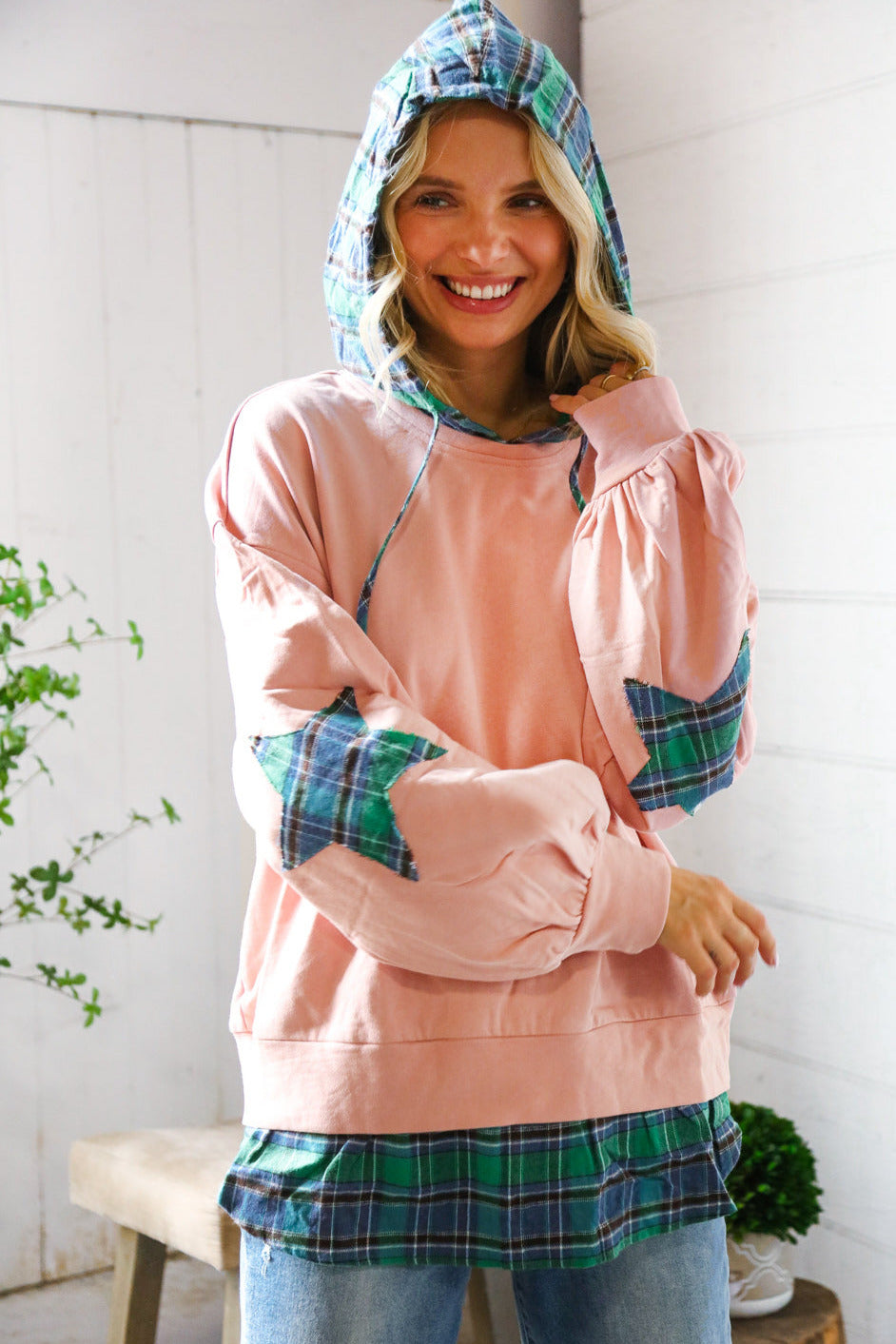 One Starry Night Flannel Hoodie with Elbow Detail