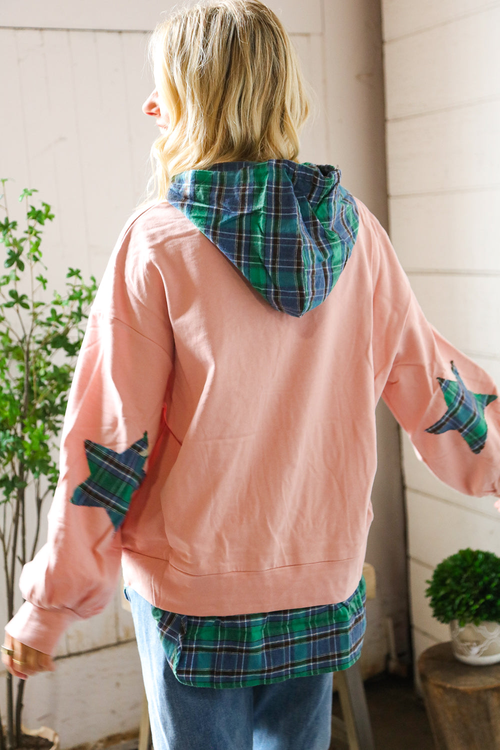 One Starry Night Flannel Hoodie with Elbow Detail