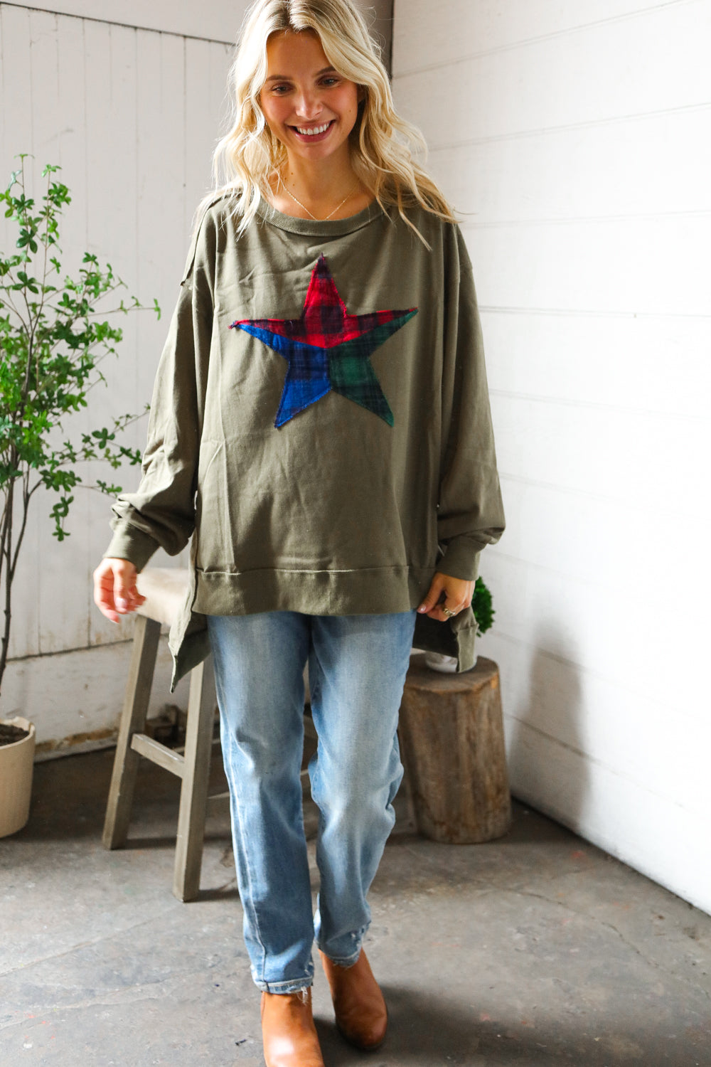 North Star Threads Olive and Plaid Pullover